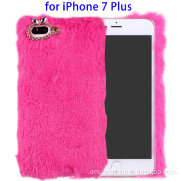 Hot Sales Diamond Encrusted Rabit Furry Fur Phone Case for iPhone 7 Plus Case